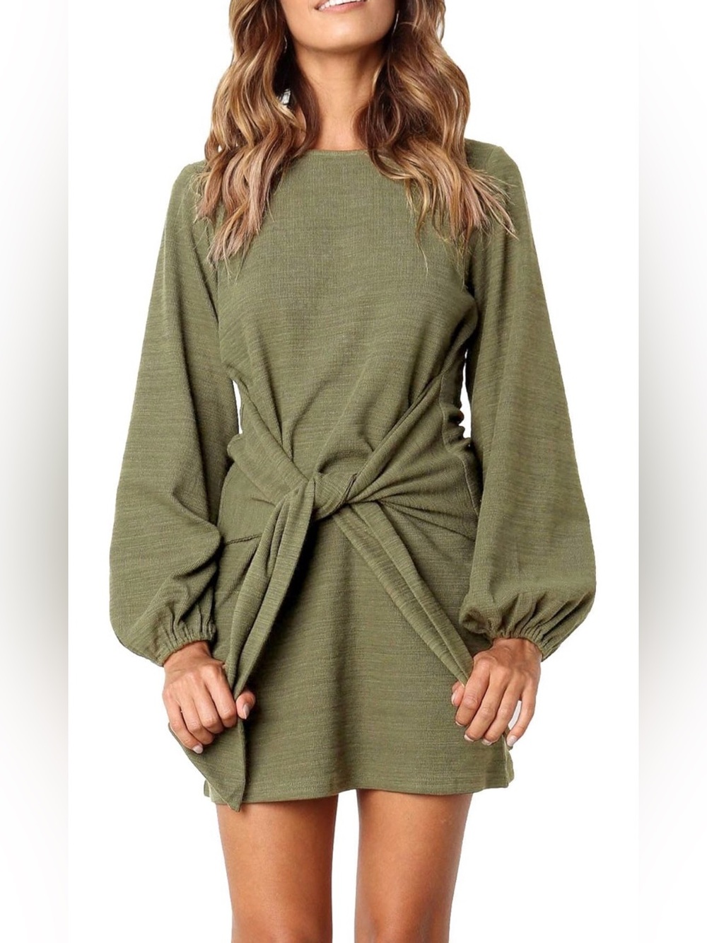 Olive Green Tie Waist Knit Mini Dress Balloon Sleeve Soft Stretch Size Small